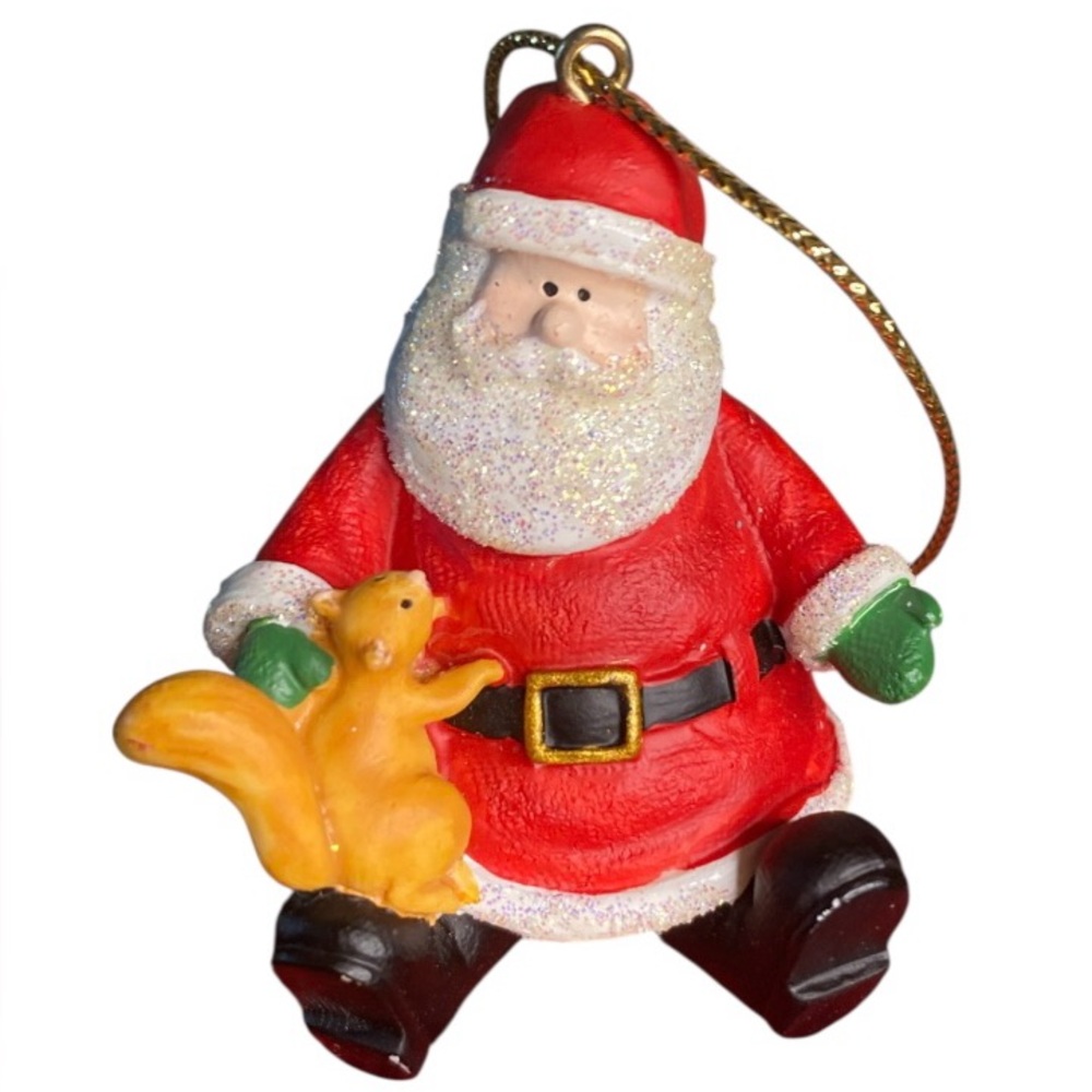 Vintage Christmas MINIATURE Resin SANTA holding Squirrel ORNAMENT